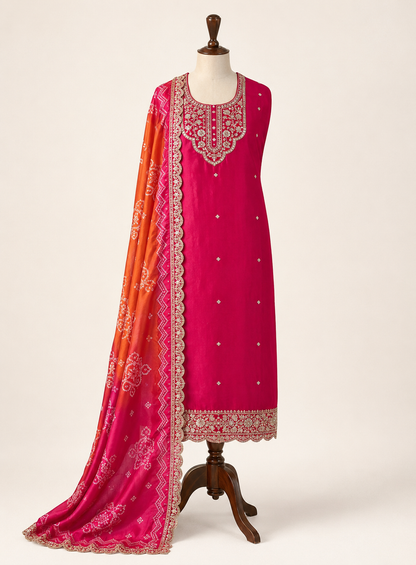 Dori work  Russian Silk suit with Bandhani print Dupatta