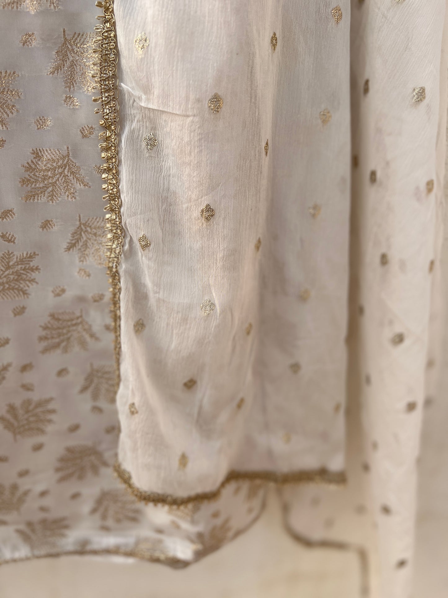Milk Moon Shimmer Jacquard Banarasi Silk Suit with Chiffon Boota Dupatta