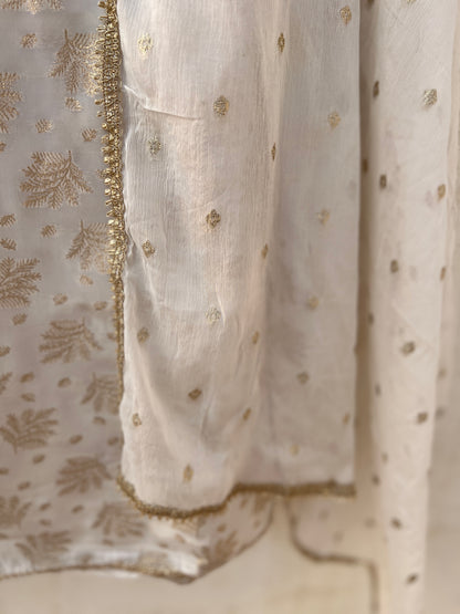 Milk Moon Shimmer Jacquard Banarasi Silk Suit with Chiffon Boota Dupatta