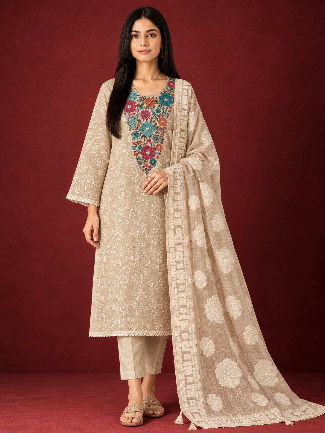 Floral Embroidered Linen Jamdani Suit Set