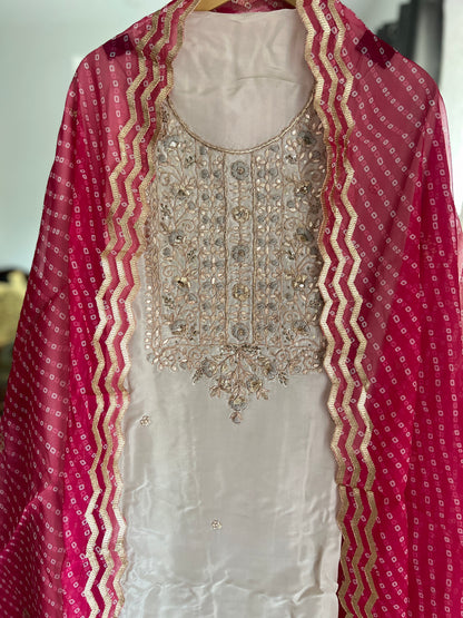 Light Slate Grey Russian Silk Suit with Rani Laheriya Sequin Dupatta