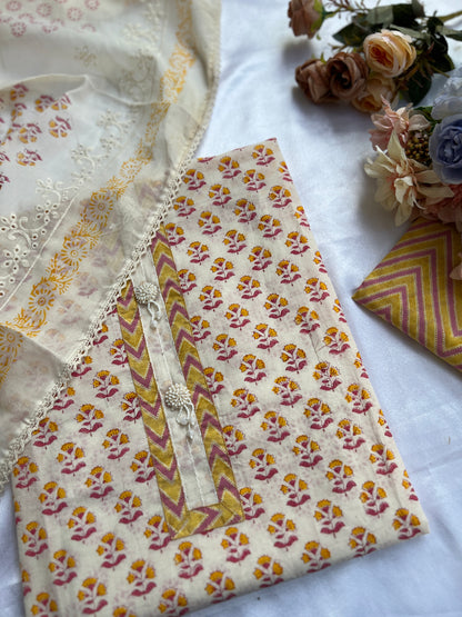Elegant Cream Floral Suit Set With subs tel Embroidery