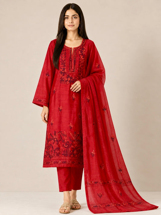 Red Floral Hand Embroidery Suit