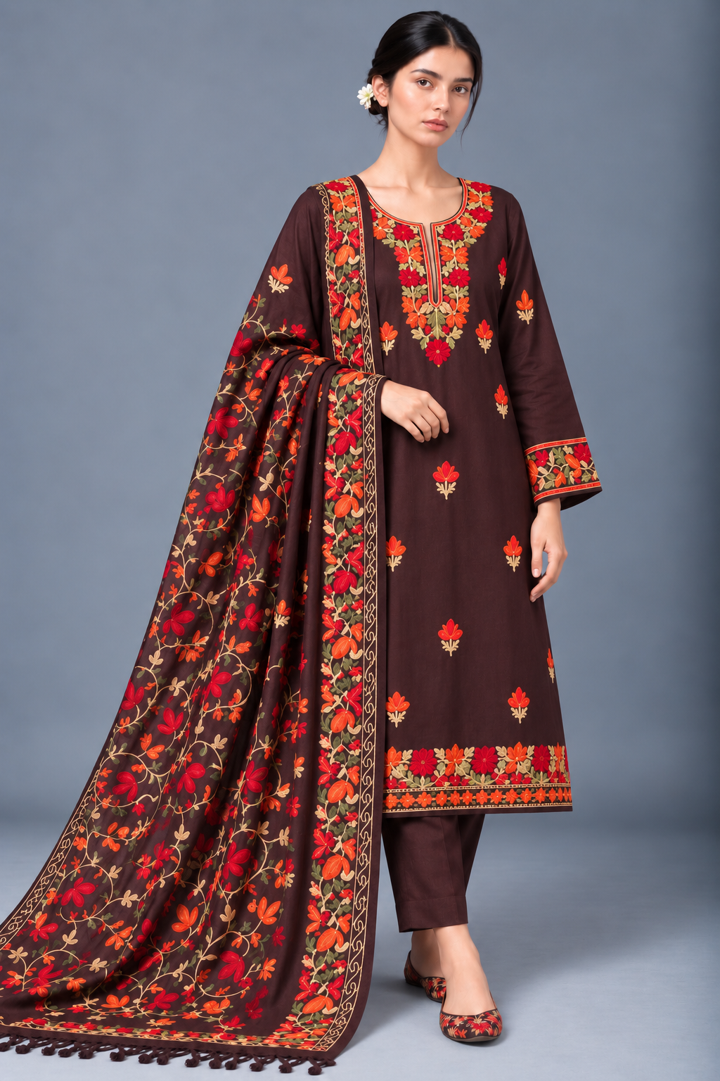 Coffee Brown Unstitched Woolen Kashmiri Suit Set