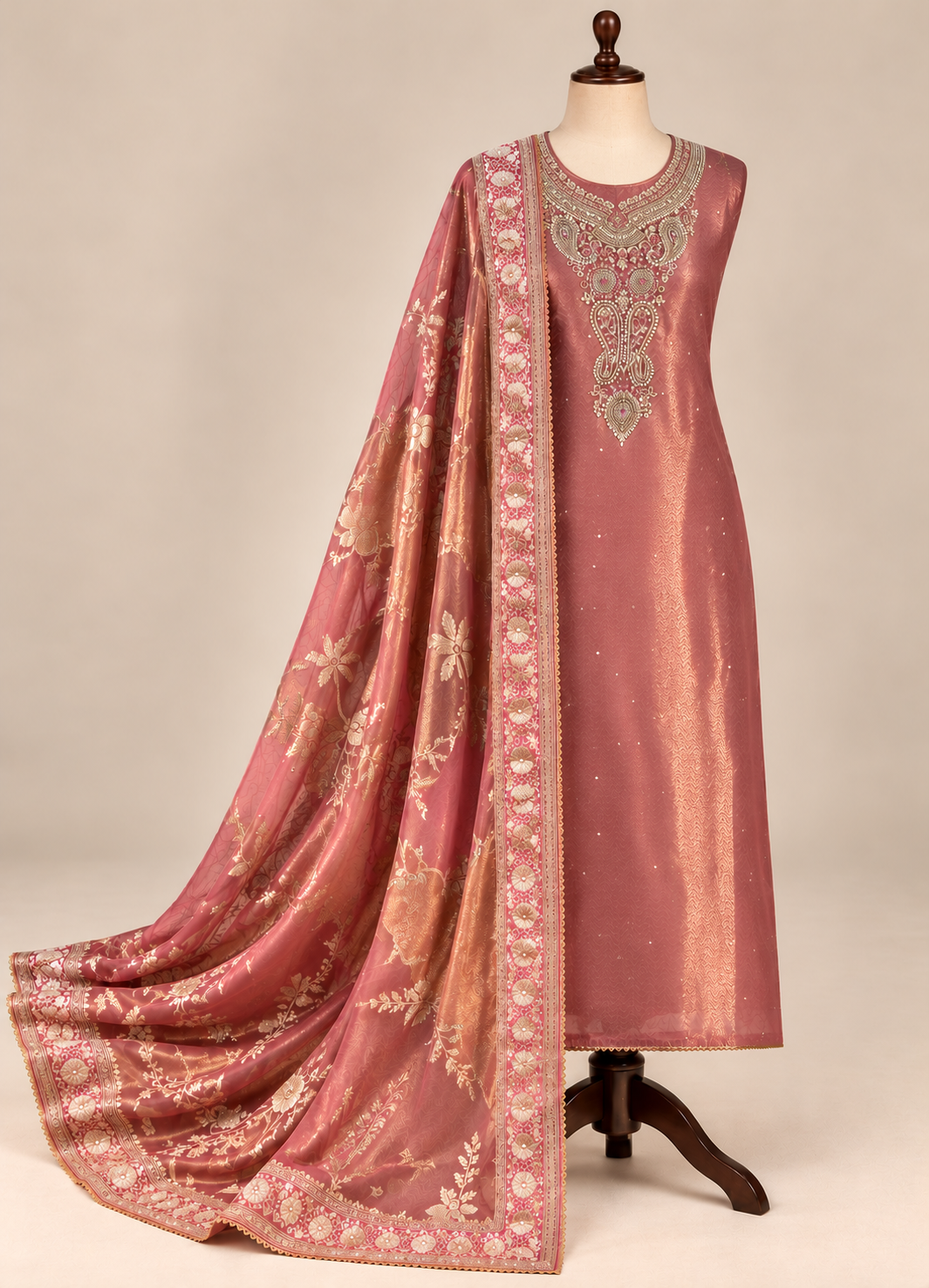 Antique Rose Gold Kanjivaram Tissue Unstitched Suit Set