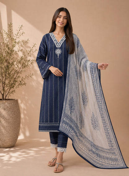 Navy Blue khadi Cotton suit with Handwork & Kota Doriya Dupatta