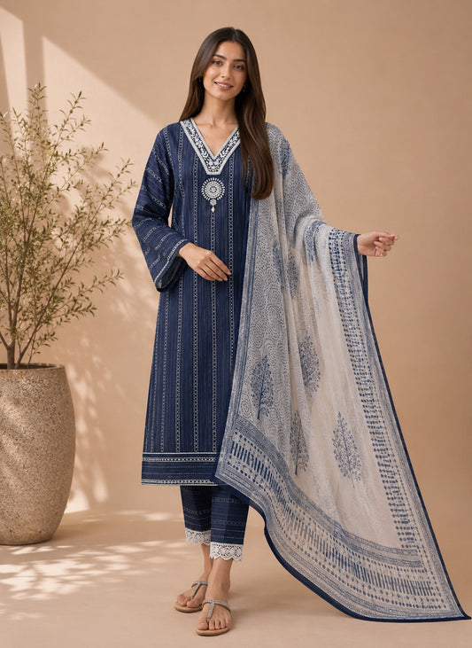 Navy Blue khadi Cotton suit with Handwork & Kota Doriya Dupatta