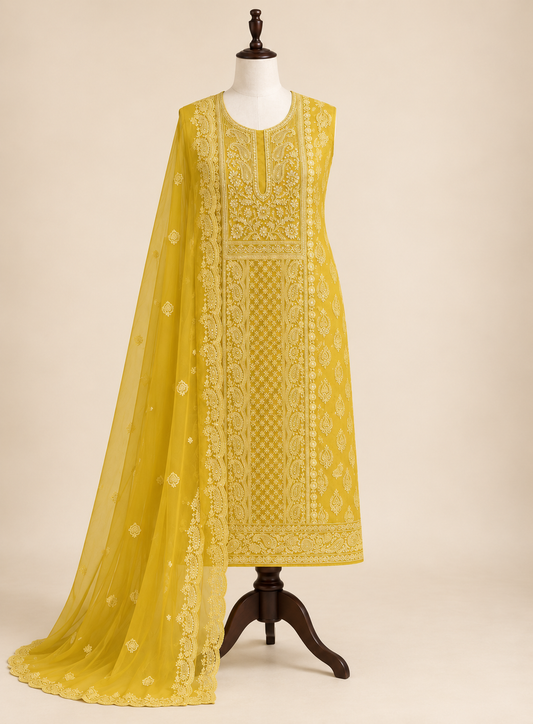 Mustard Yellow Pure Georgette Chikankari  Suit Set