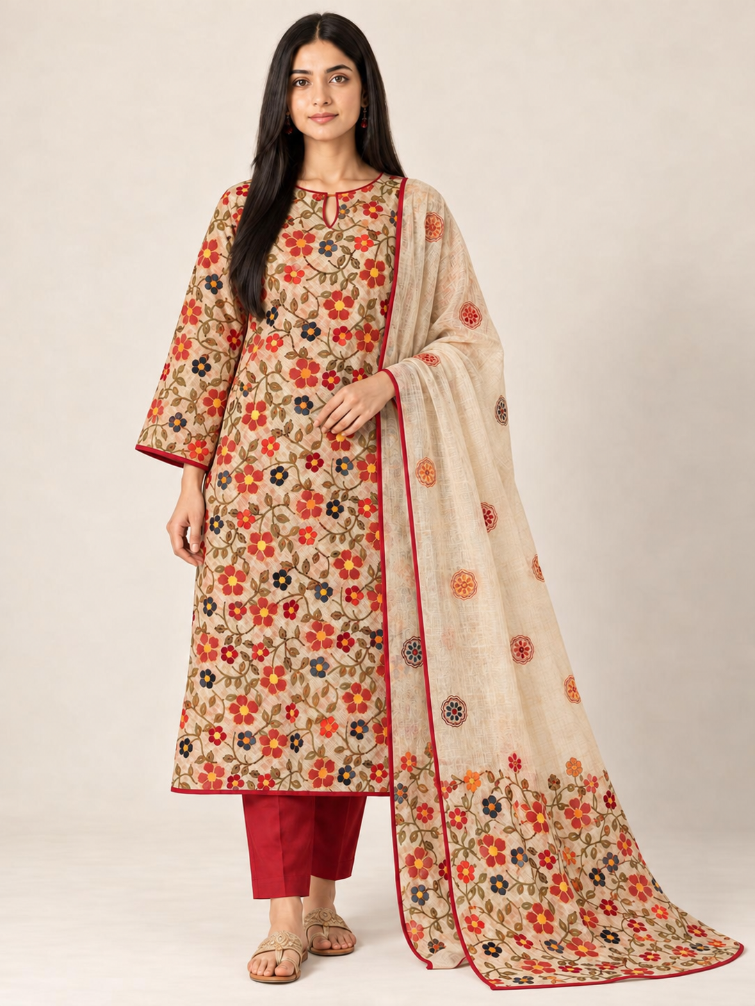 Red Floral  Hand Embroidered Unstitched Suit Set