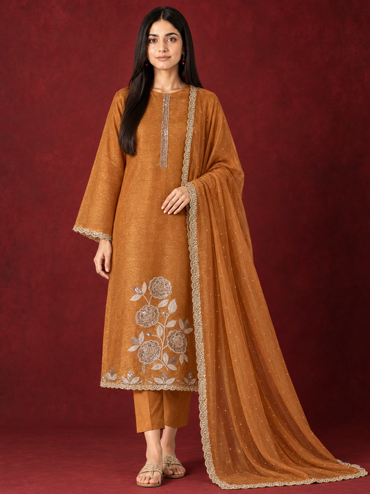 Beaded Crushed Shimmer Silk Suit Set