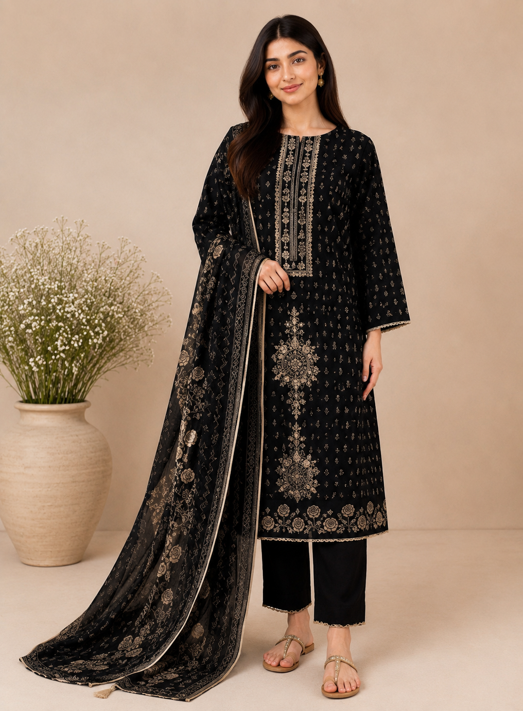 Black Handcrafted Digital printed  Linen Salwar Suits