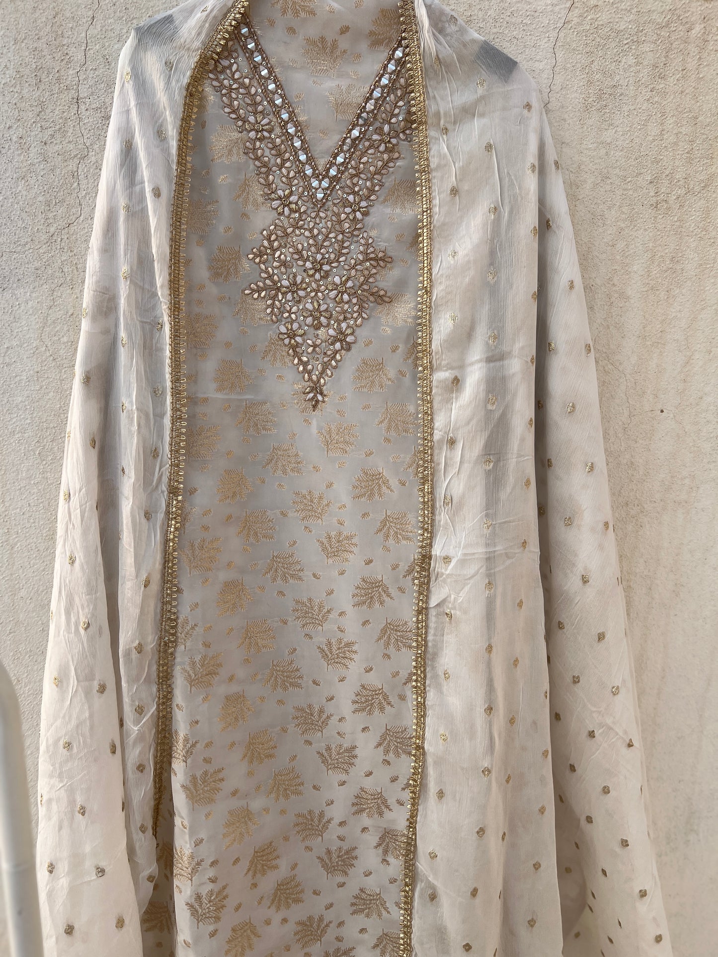 Milk Moon Shimmer Jacquard Banarasi Silk Suit with Chiffon Boota Dupatta