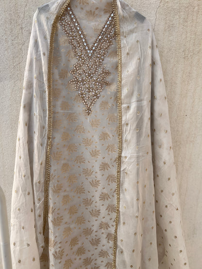 Milk Moon Shimmer Jacquard Banarasi Silk Suit with Chiffon Boota Dupatta