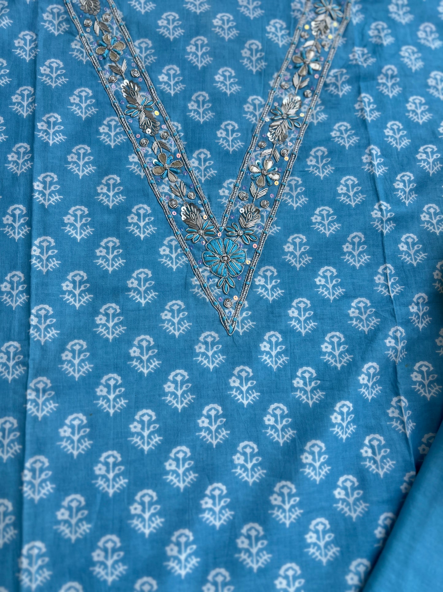 Sky Blue Cotton Suit with Delicate Hand Embroidery & Tassel Dupatta