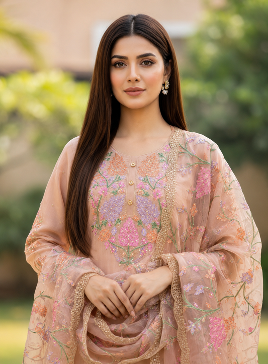 Pastel Peach Embroidered Organza Suit