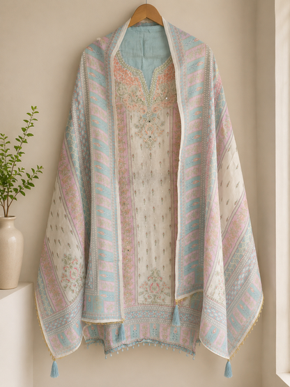 Graceful Pastel Embroidered  Mirror Work Pakistani Semi-Stitched Ensemble