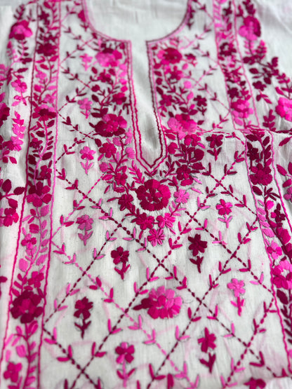 Ivory & Fuchsia Pure Cotton Hand-Embroidered Unstitched Dress