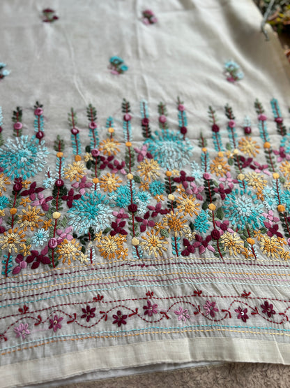 Beige Blossom Hand-Embroidered Chanderi Silk