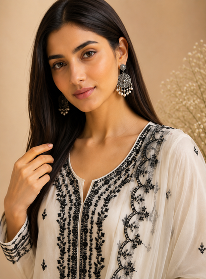 Chic Black and White Embroidered Viscose Organza Suit Set
