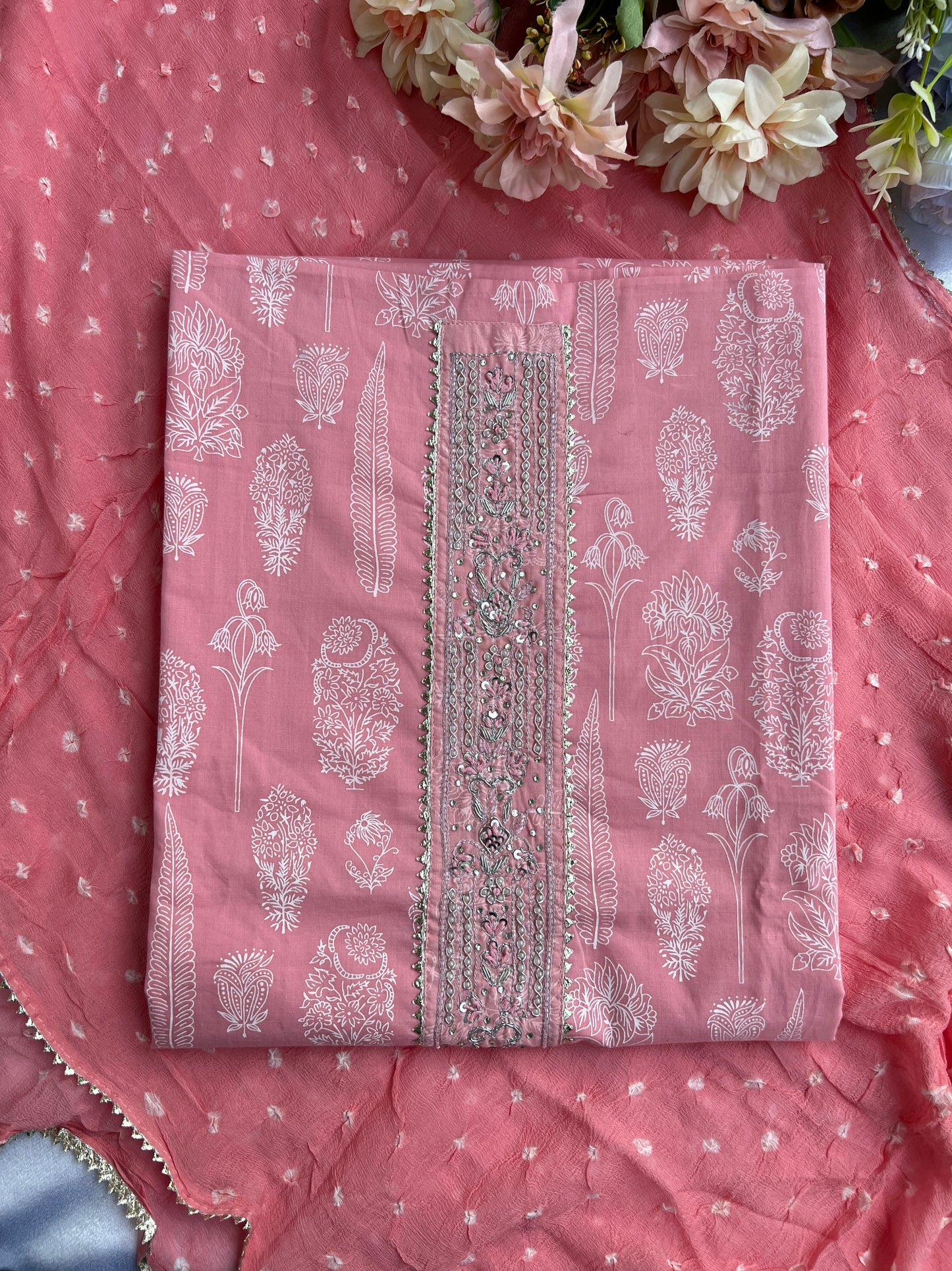 Soft Blush Pink Cotton Suit with Elegant Handwork