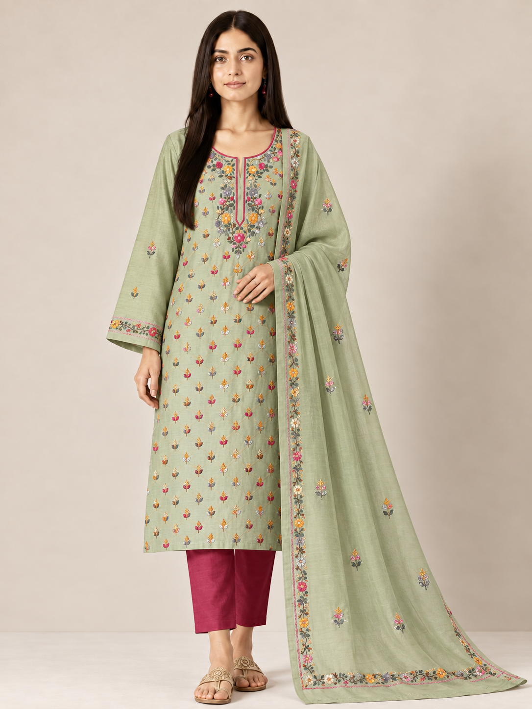 Mint Bloom Resham Handcrafted Chanderi Suit