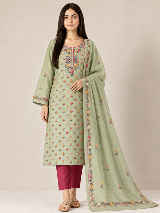Mint Bloom Resham Handcrafted Chanderi Suit