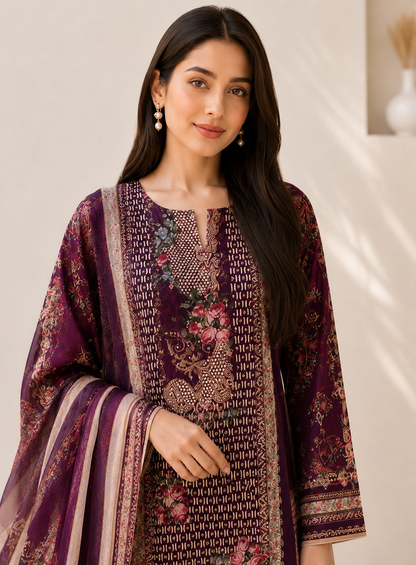 Wine Karachi Print Mirror Work Viscose Organza Suit with Dupatta