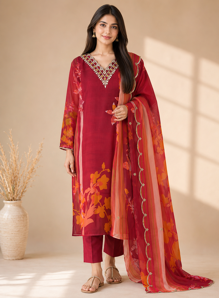 Red Floral Organza Semi-Stitched  Salwar Suit