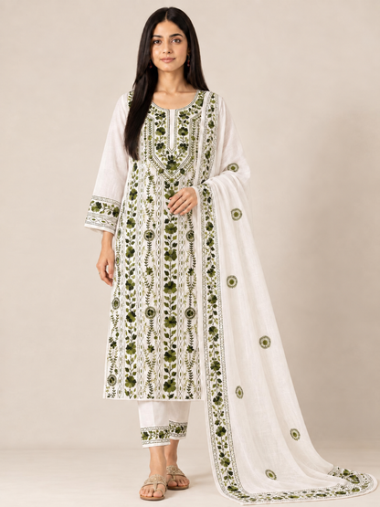 Olive Bloom Hand-Embroidered Suit Set