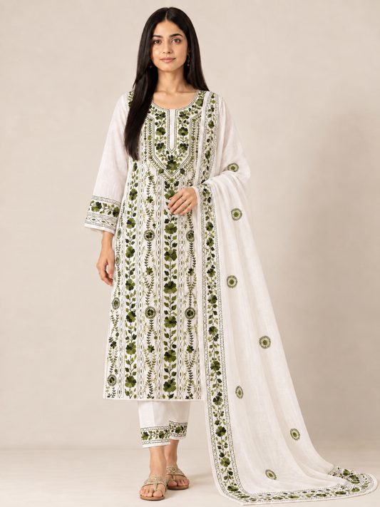 Olive Bloom Hand-Embroidered Suit Set