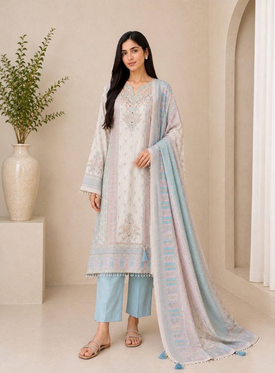 Graceful Pastel Embroidered  Mirror Work Pakistani Semi-Stitched Ensemble