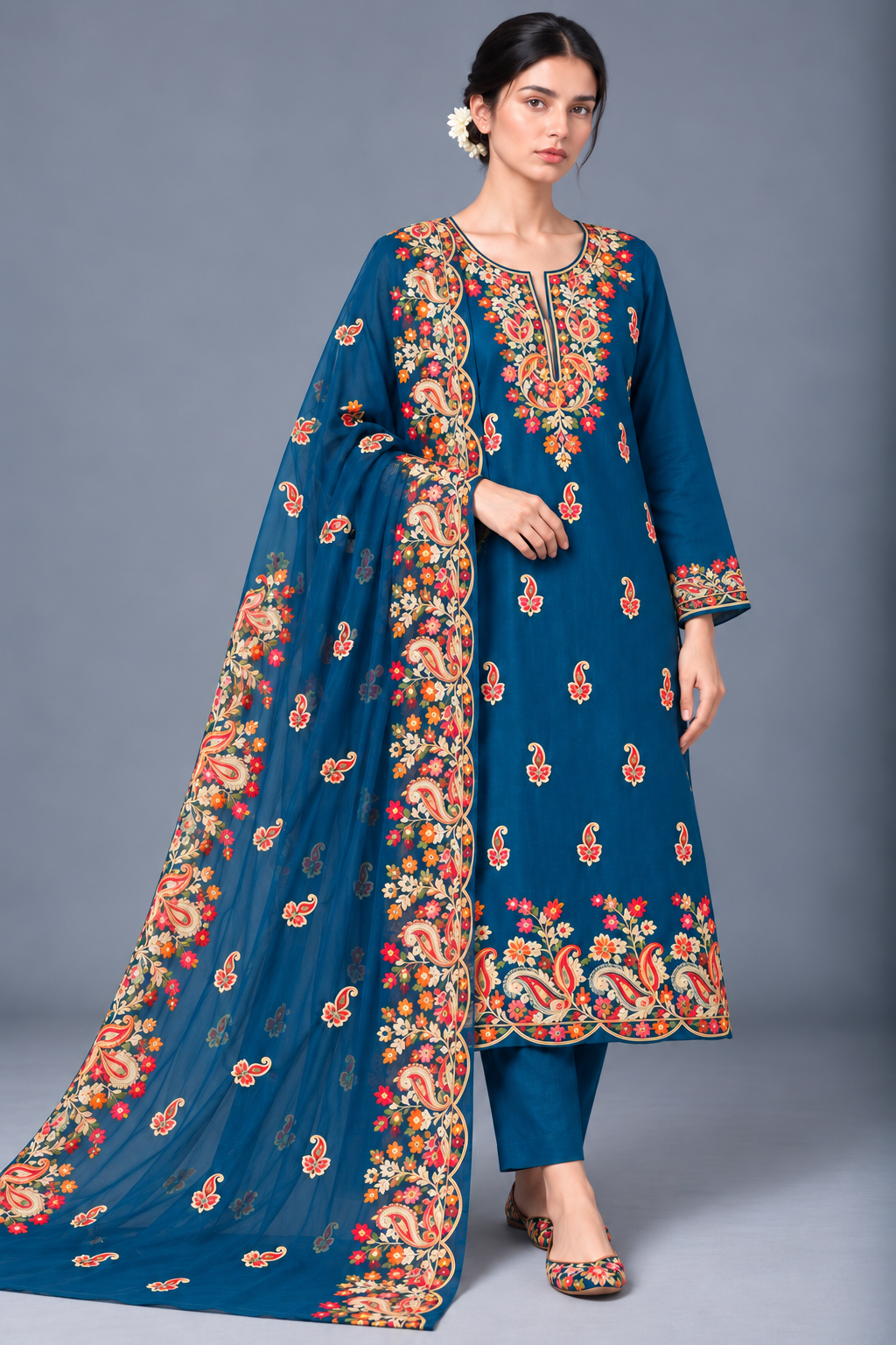 Cobalt Blue Modal Cotton Kashmiri Suit Set with Organza  Dupatta