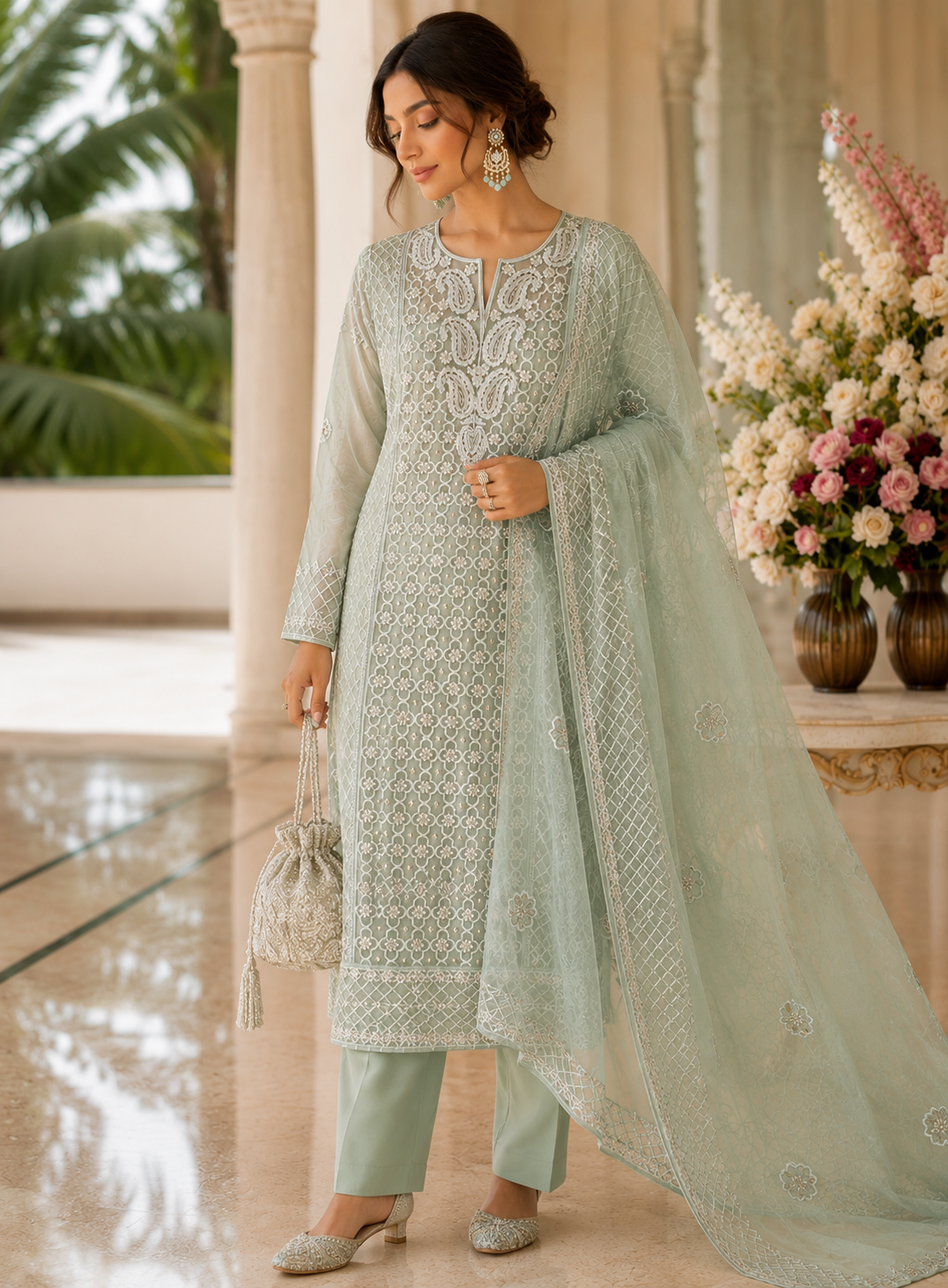 Sage Serenity – Pearl Embroidered Luckhnowi Suit