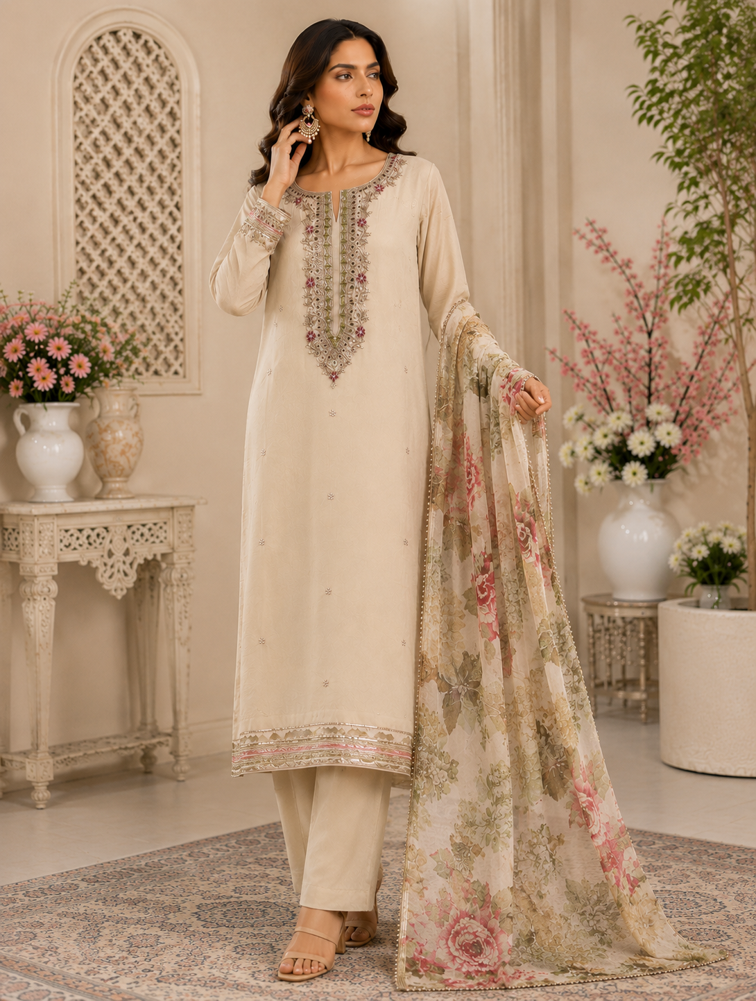 Ivory Bloom – Floral Embroidered Chinnon Suit