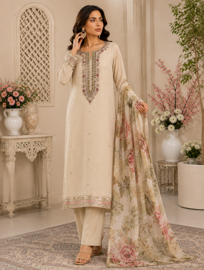 Ivory Bloom – Floral Embroidered Chinnon Suit