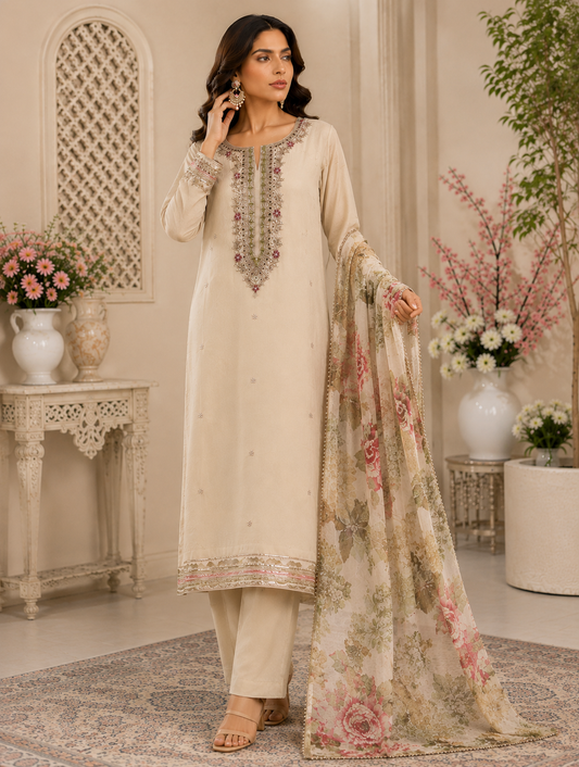 Ivory Bloom – Floral Embroidered Chinnon Suit