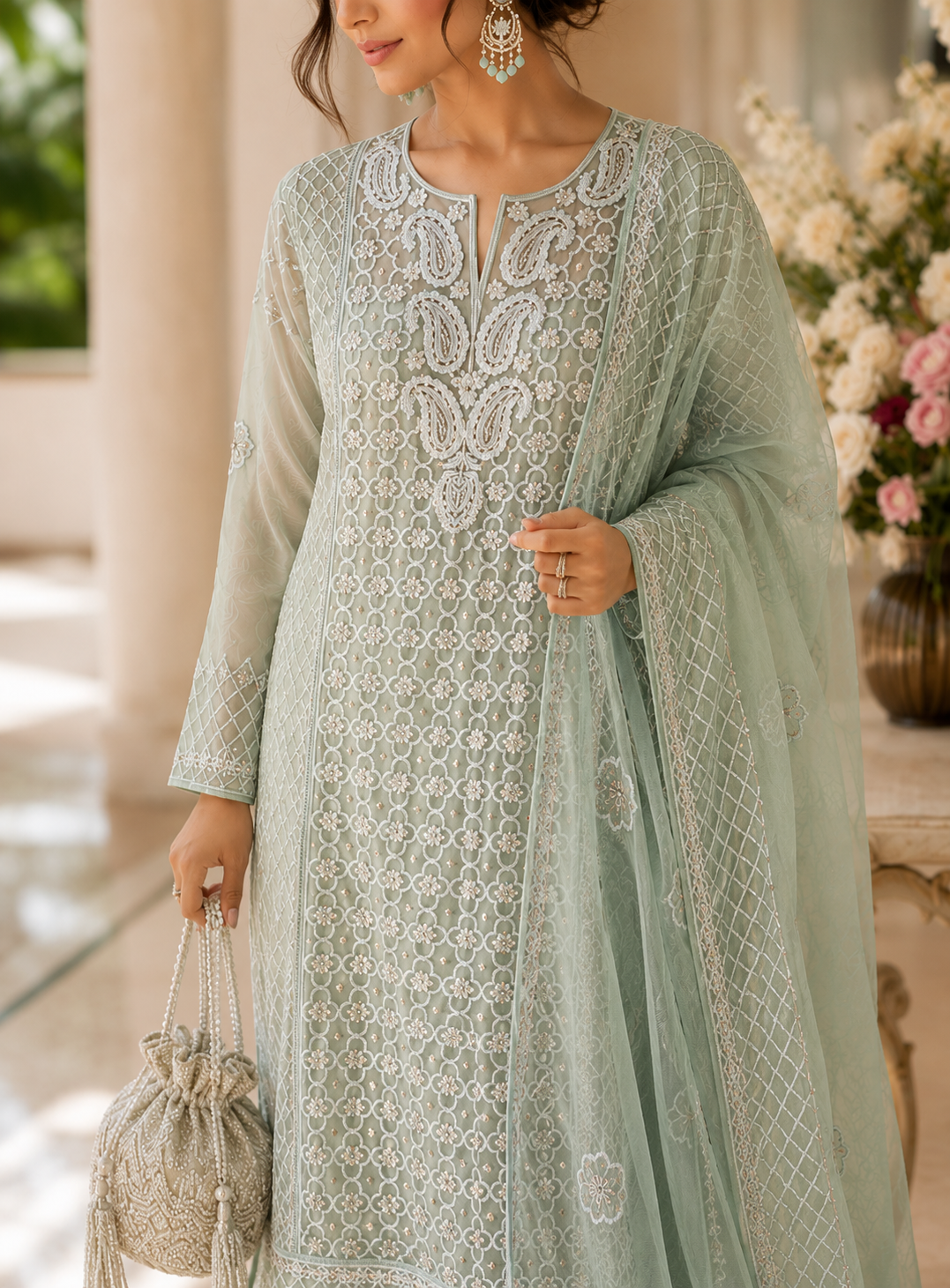 Sage Serenity – Pearl Embroidered Luckhnowi Suit
