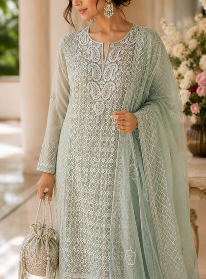 Sage Serenity – Pearl Embroidered Luckhnowi Suit