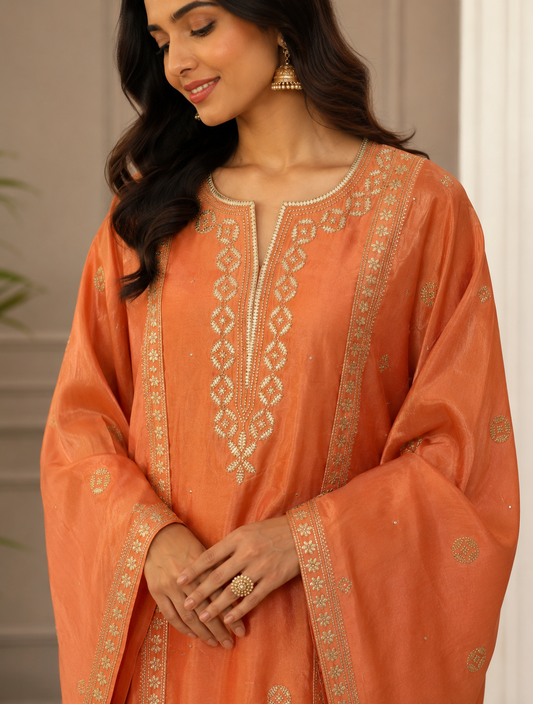 Garden Bloom – Pitta Work Shimmer Silk Suit
