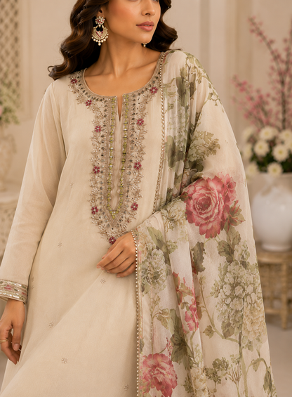 Ivory Bloom – Floral Embroidered Chinnon Suit