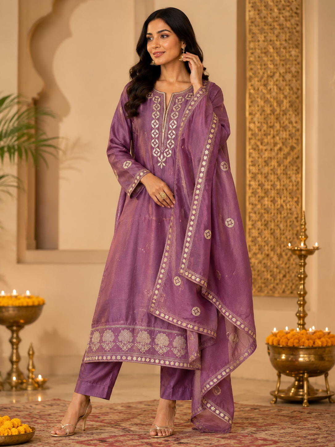 Garden Bloom – Pitta Work Shimmer Silk Suit