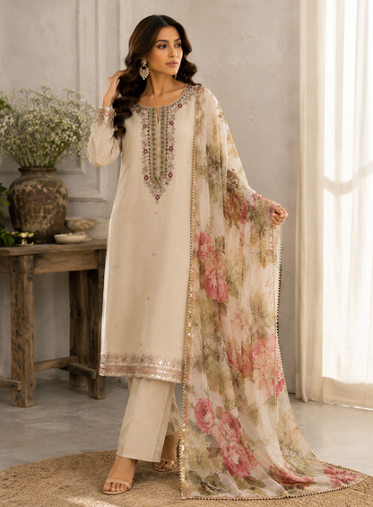 Ivory Bloom – Floral Embroidered Chinnon Suit