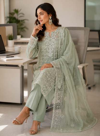 Sage Serenity – Pearl Embroidered Luckhnowi Suit