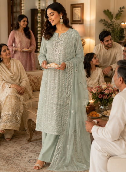 Sage Serenity – Pearl Embroidered Luckhnowi Suit
