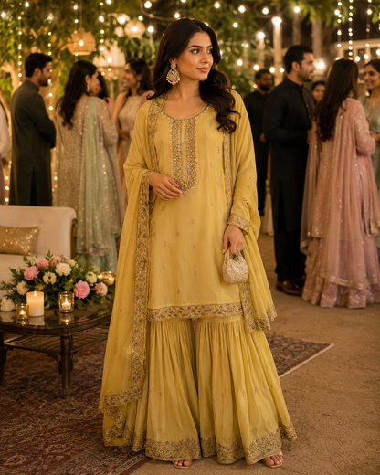 Coral Charm – Enbroidered Sharara suit