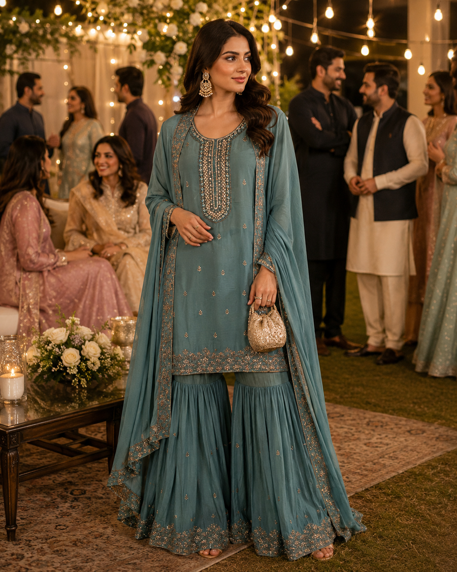 Coral Charm – Enbroidered Sharara suit