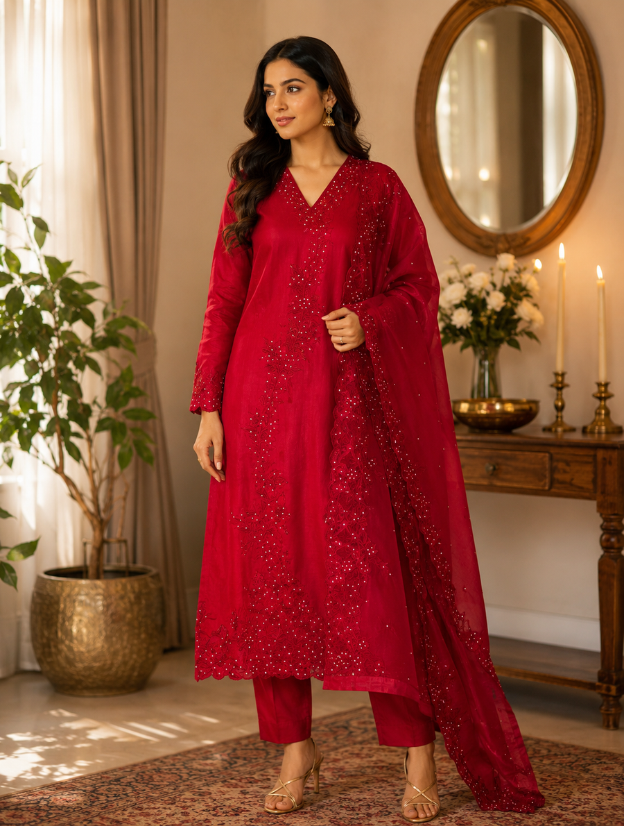 Royal Harmony – Self Embroidered Silk Suit