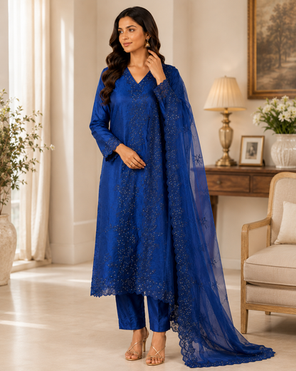Royal Harmony – Self Embroidered Silk Suit