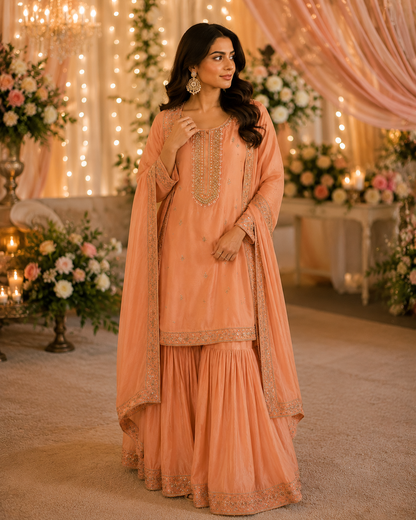 Coral Charm – Enbroidered Sharara suit