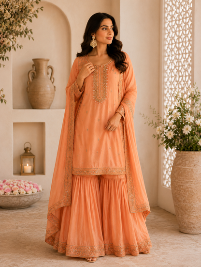 Coral Charm – Enbroidered Sharara suit